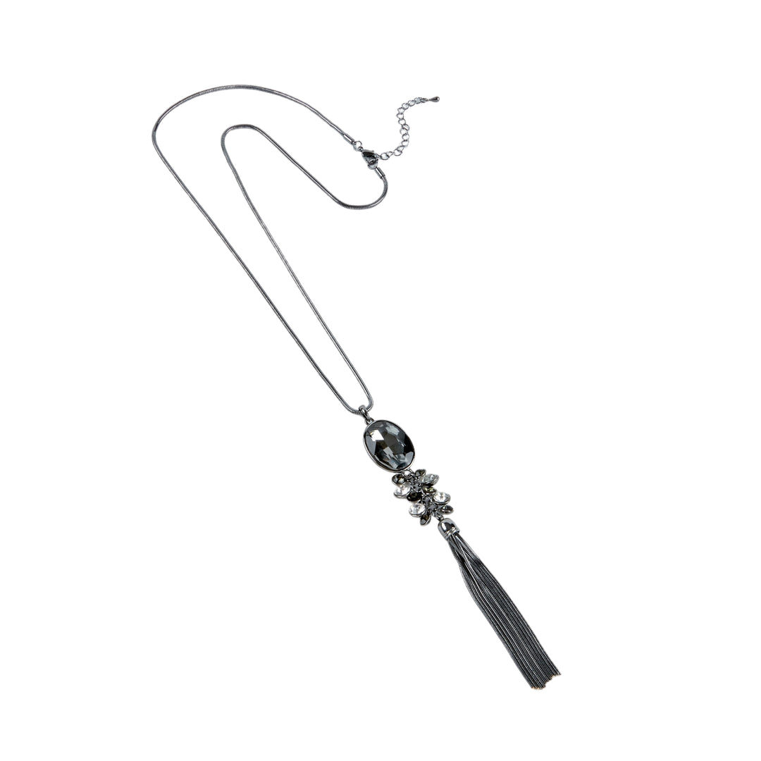 Long Sparkly Dark Grey Necklace with Tassels