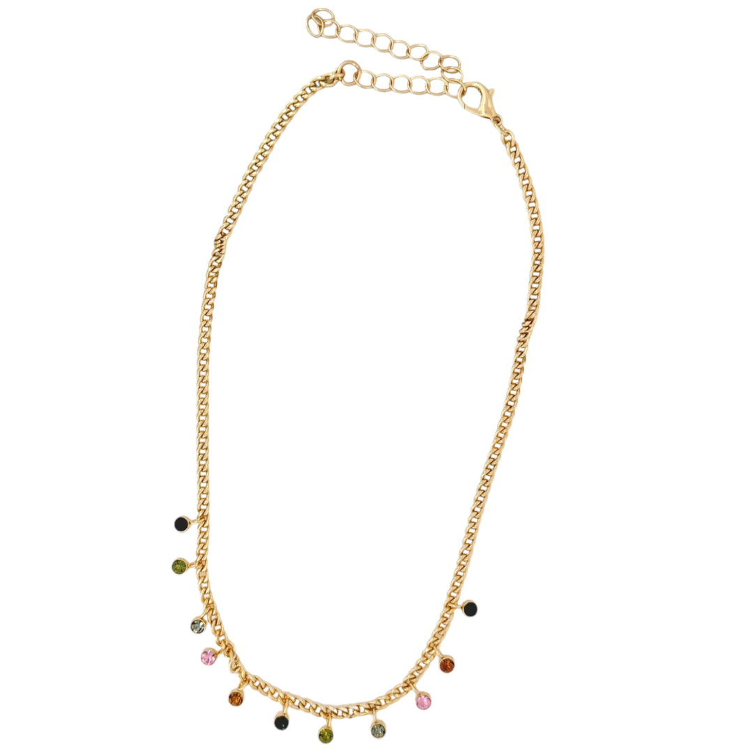 Envy Short Gold Necklace with Multicoloured Crystal Droppers