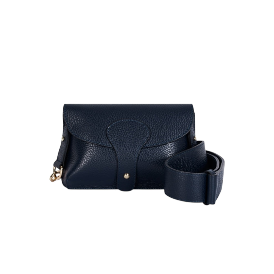 Italian Leather Crossbody Mini Bag with Flap Navy