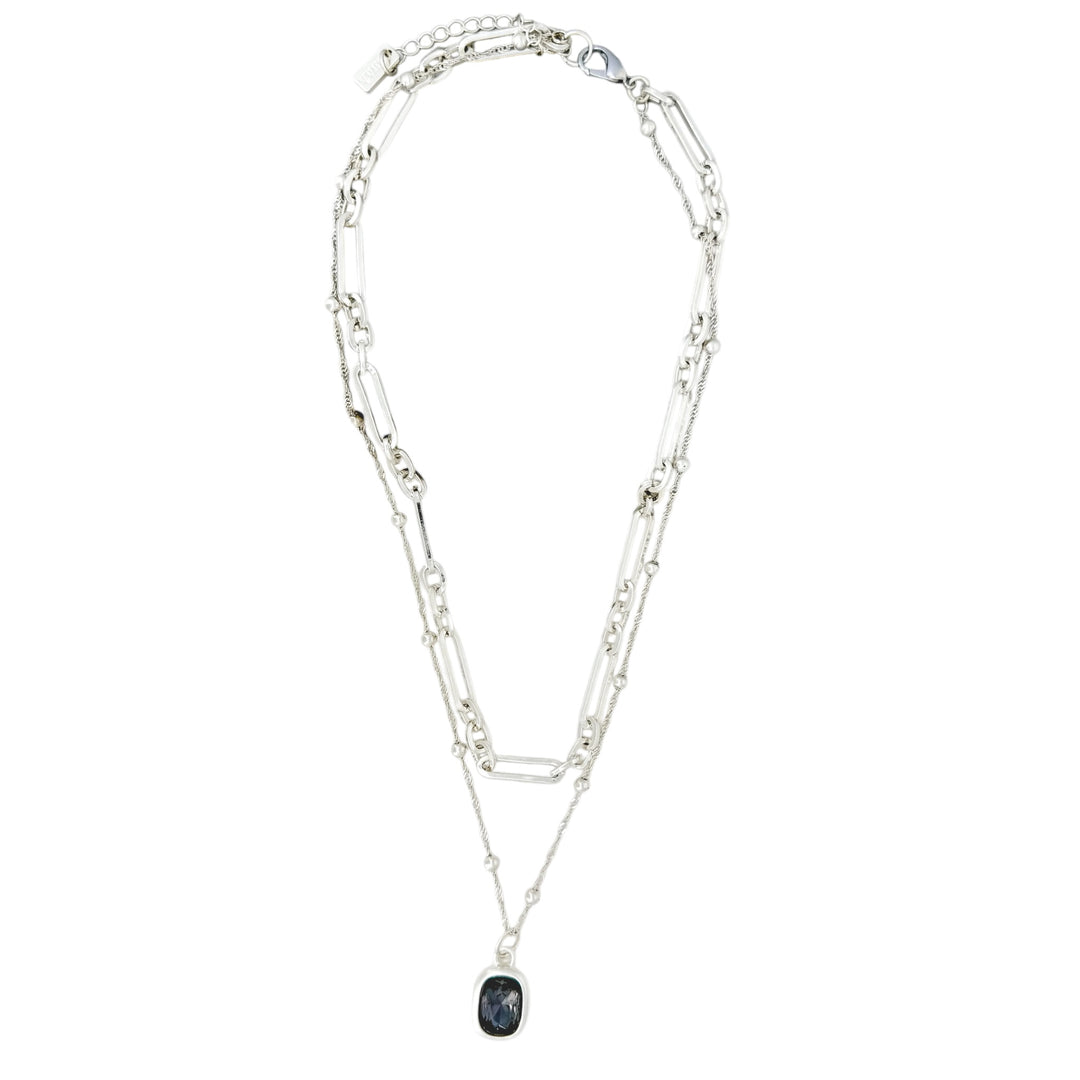 Envy Silver Double Chain Necklace with Grey Crystal