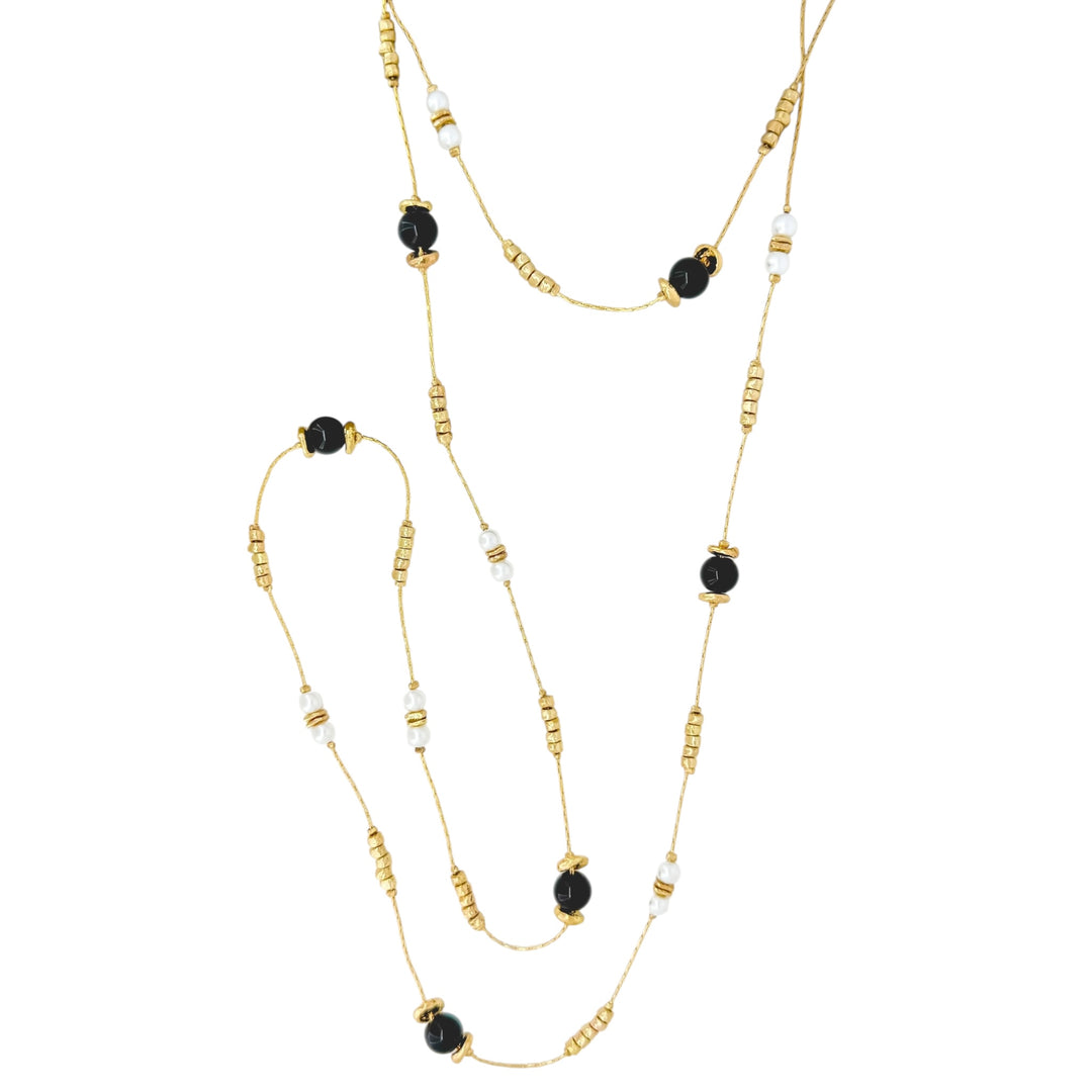 Envy Long Double Layer Necklace with Pearl Details Gold