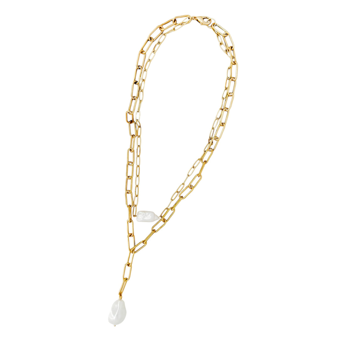 Envy Short Double Layer Necklace with Pearl Charm Gold
