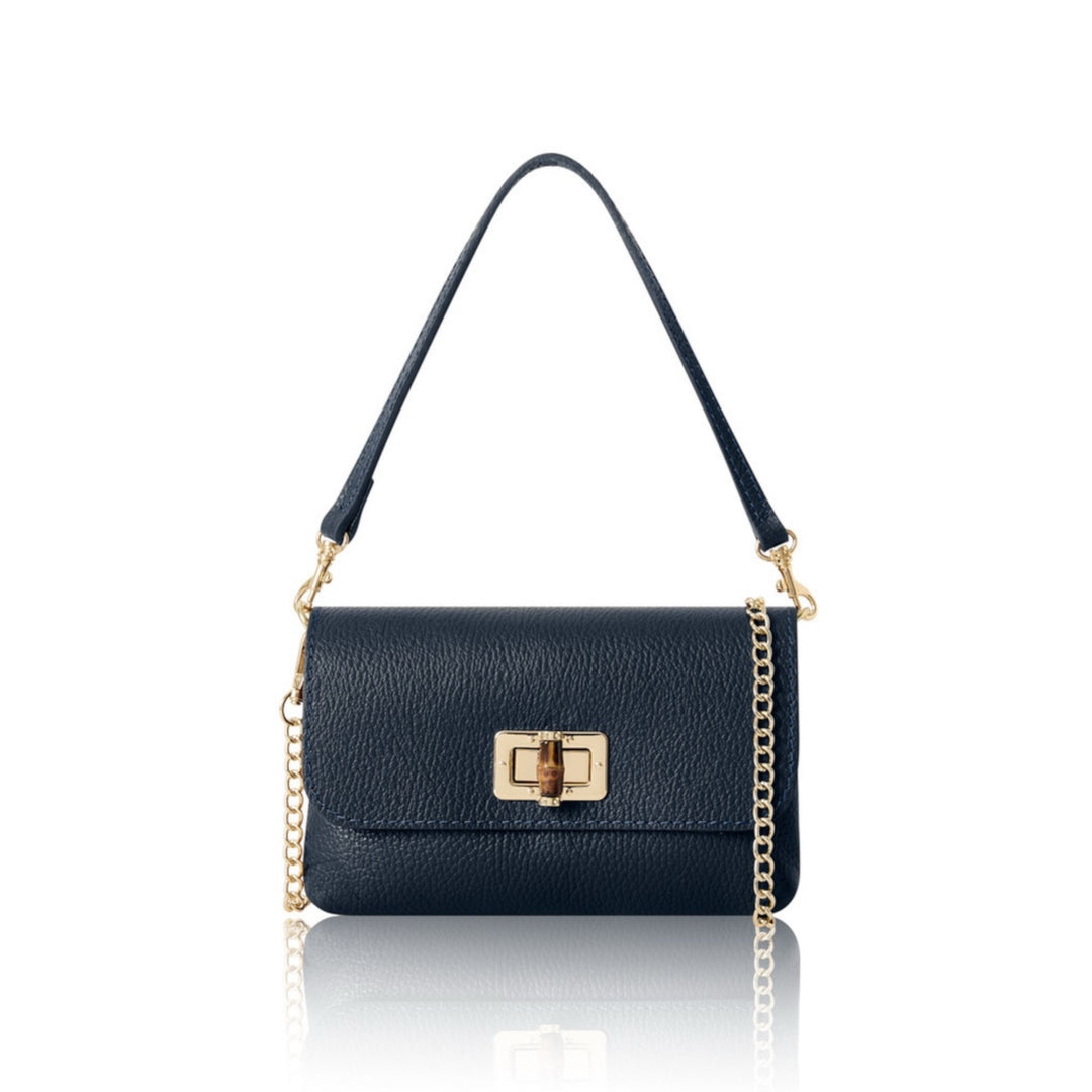 Italian Leather Crossbody Bag with Bamboo Closure Navy