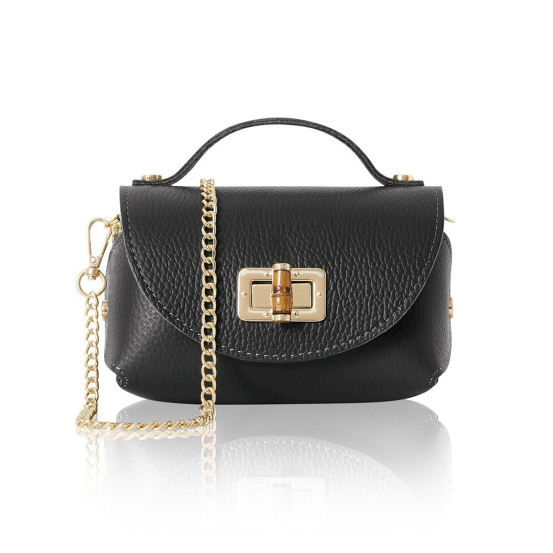 Italian Leather Square Bag with Gold Chain Black