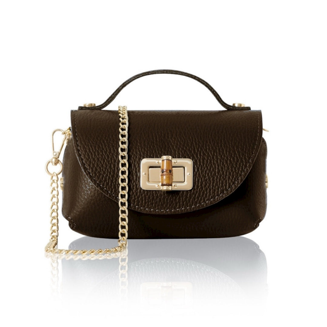 Italian Leather Square Bag with Gold Chain Dark Chocolate