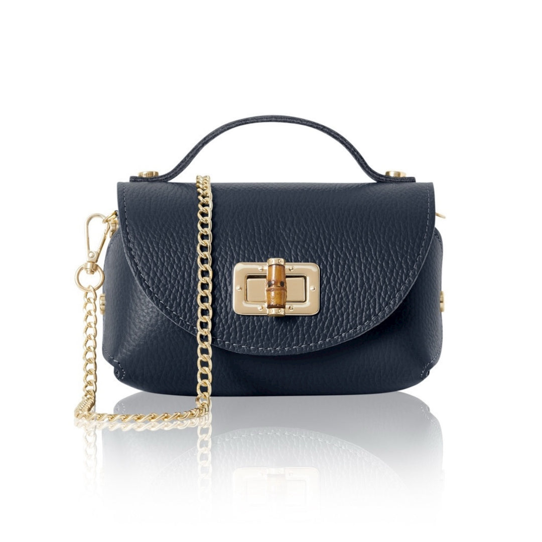 Italian Leather Square Bag with Gold Chain Navy