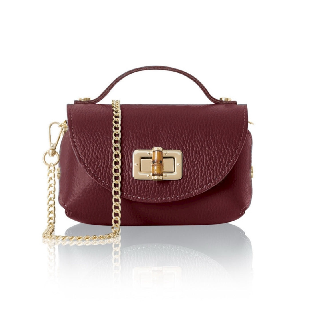 Italian Leather Square Bag with Gold Chain Red Plum
