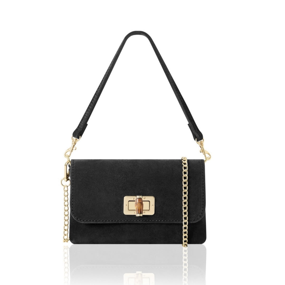 Small Suede Crossbody Bag with Bamboo Closure Black
