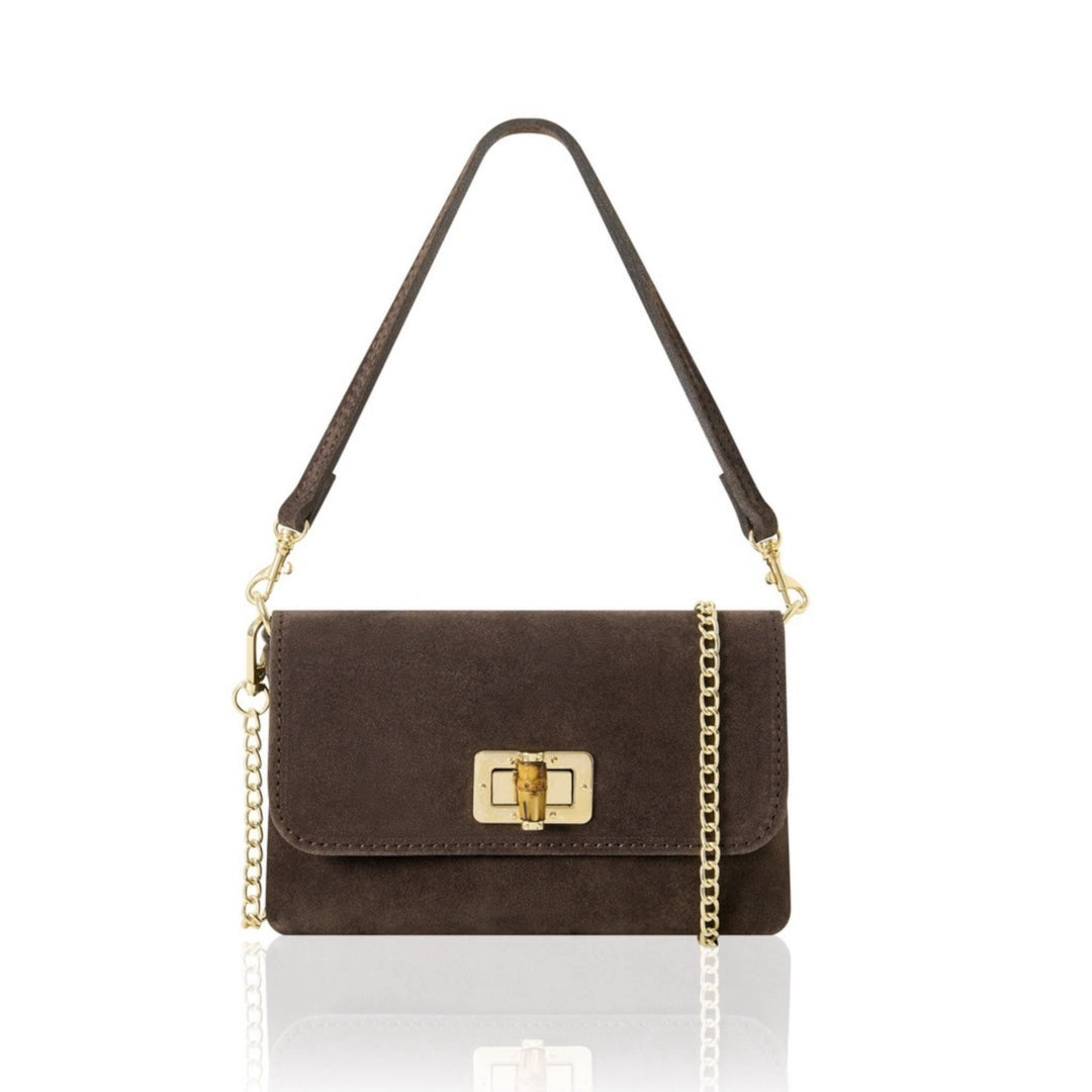 Small Suede Crossbody Bag with Bamboo Closure Dark Chocolate