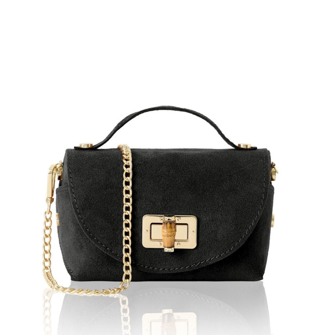 Suede Square Bag with Gold Chain Black