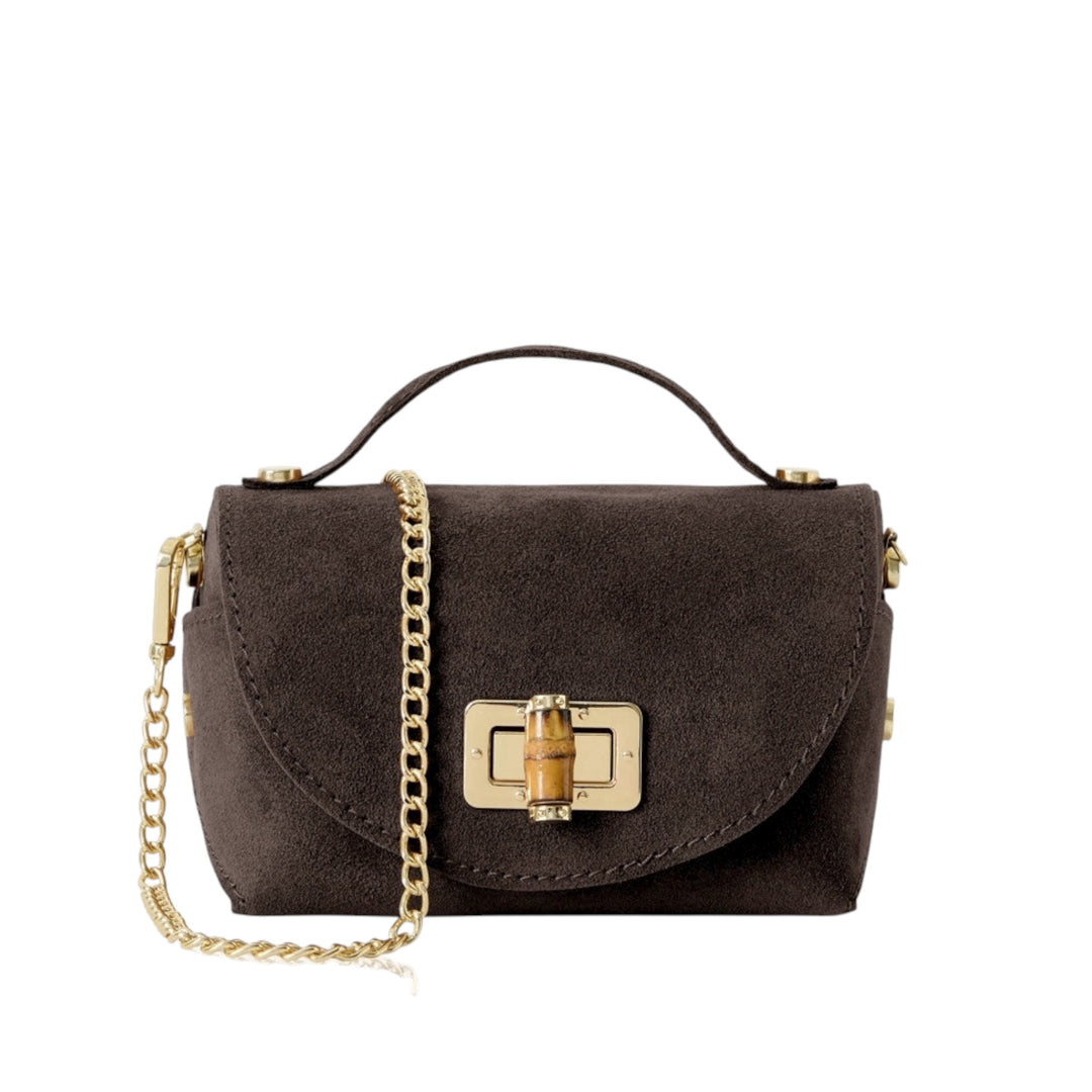 Suede Square Bag with Gold Chain Dark Chocolate