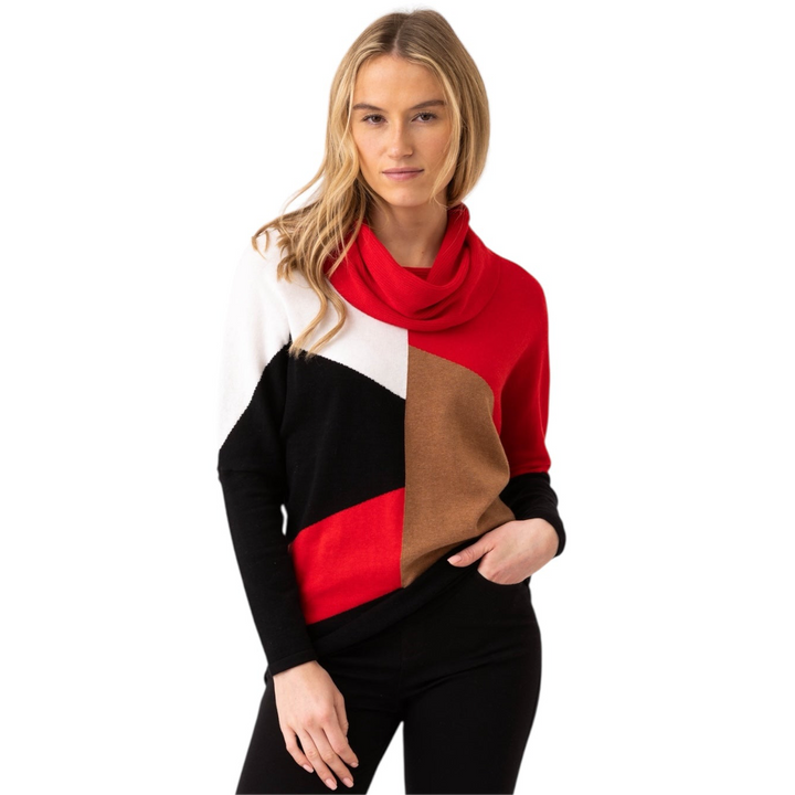 Marble Cowl Neck Colourblock Sweater Red