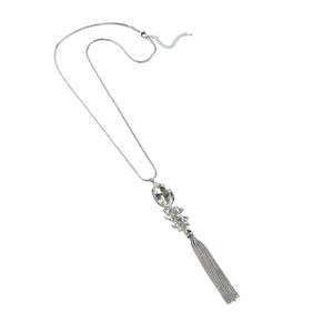 Long Sparkly Silver Necklace with Tassels