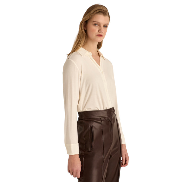 Marina V Open Neck Blouse with Collar Ivory