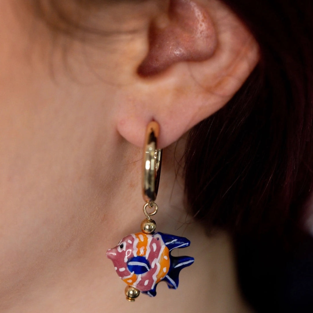 Last True Angel Ceramic Angel Fish Earrings Navy, Orange & Pink