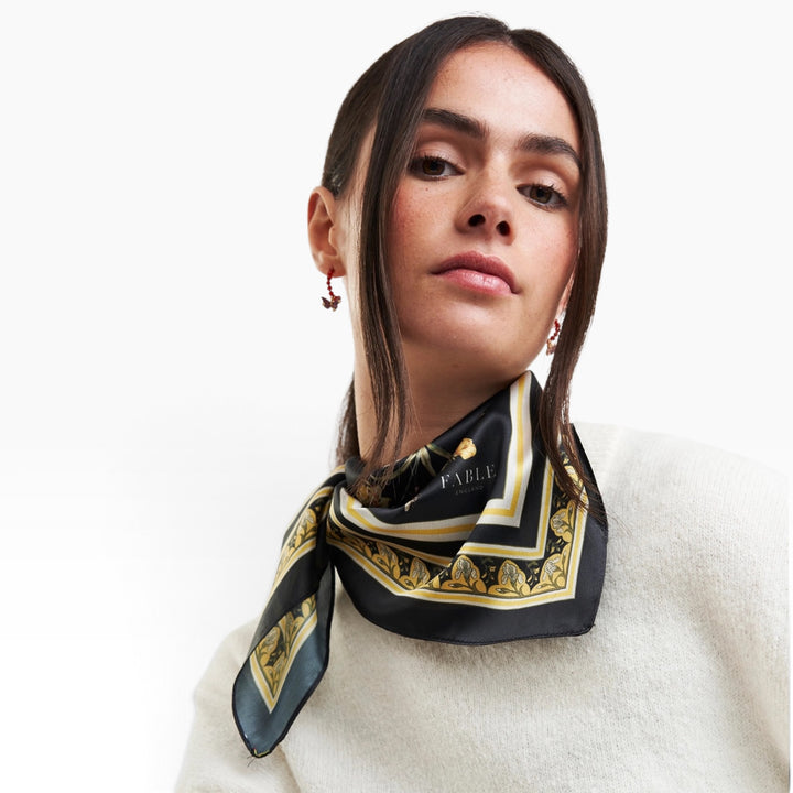 Fable England Nouveau Floral Black Square Scarf