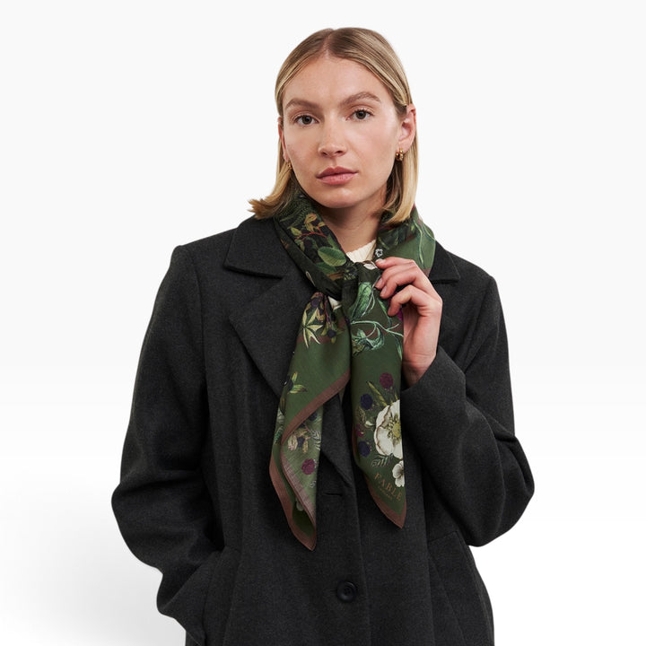 Fable England Orla Narrative Medium Square Scarf Khaki
