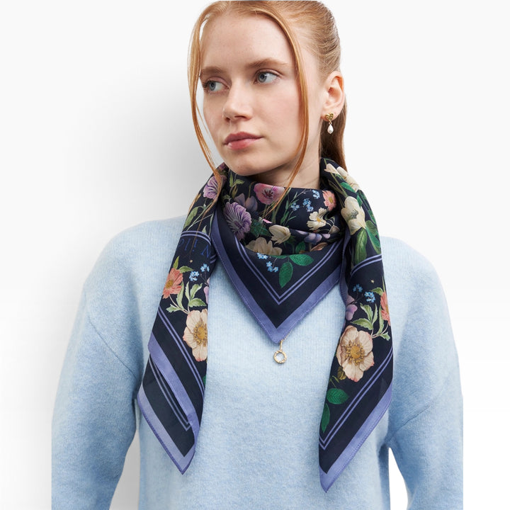 Fable England Selene Narrative Medium Square Scarf Navy