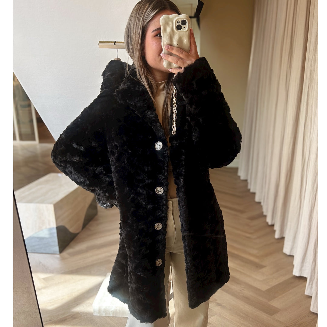 Rino & Pelle Nonna Faux Fur Coat Curly Black