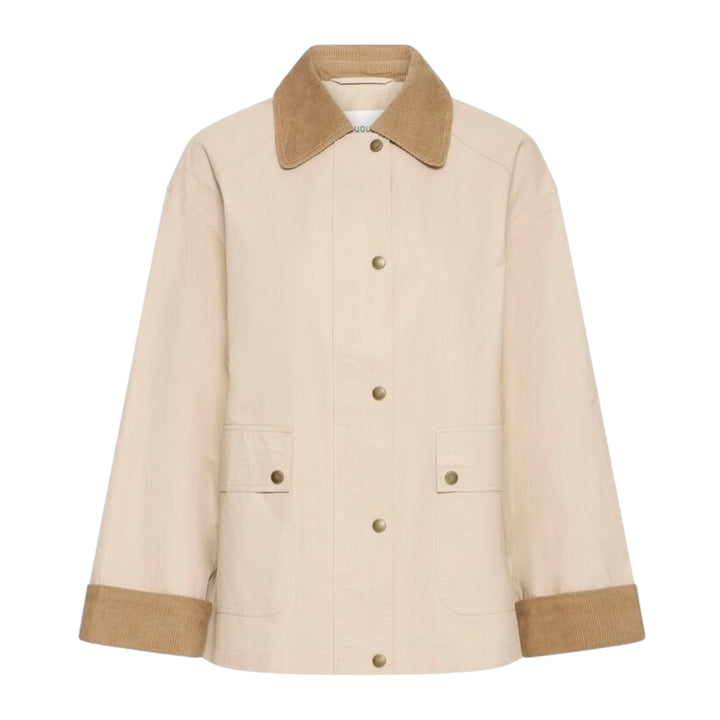 Beige jacket with brown collar and cuffs on a white background
