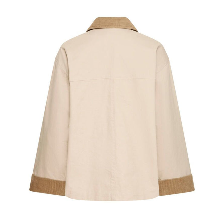 Beige coat with brown trim on a white background