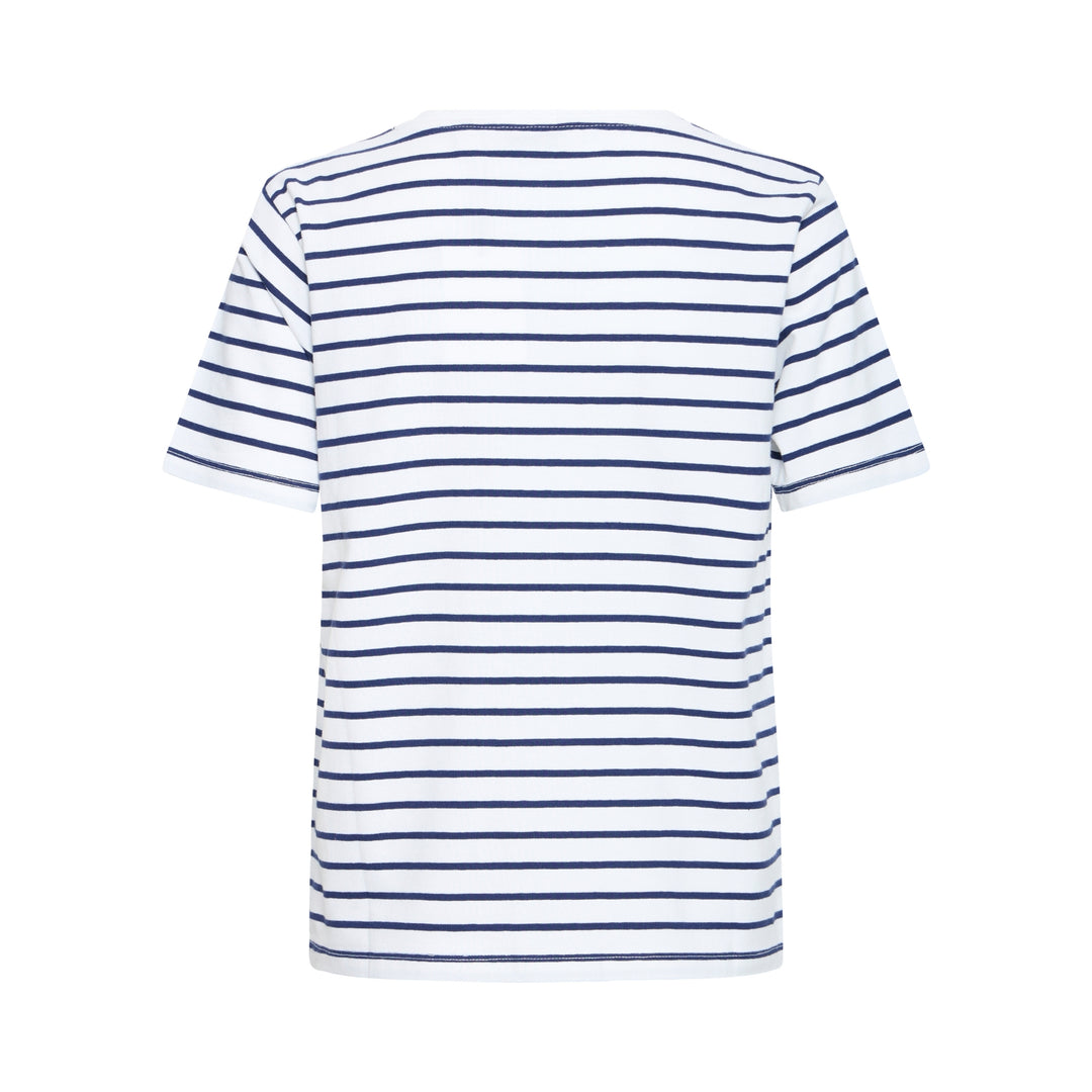 Back view of a blue and white striped t-shirt on a white background