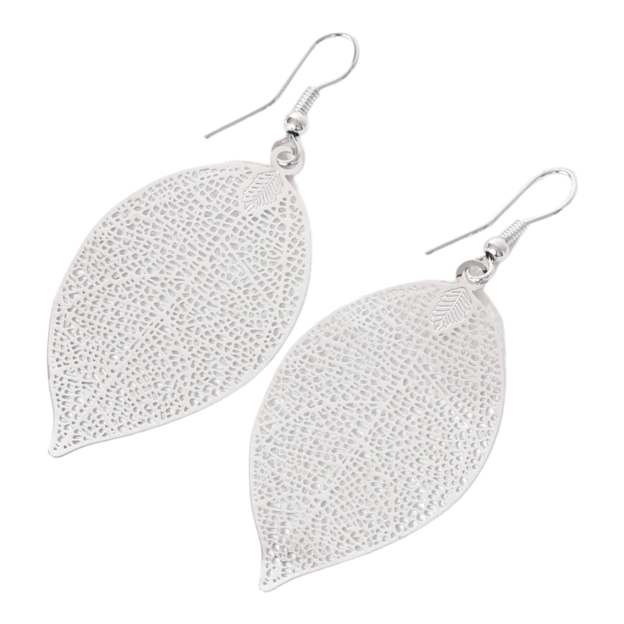 Silver filigree leaf earrings deals