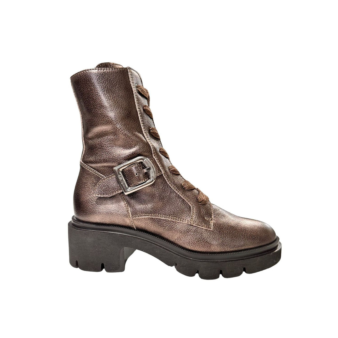 Brown leather boot with a buckle on a white background