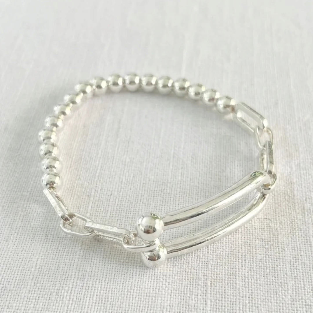 Envy Beaded Stretch Bracelet with Bar Detail Silver