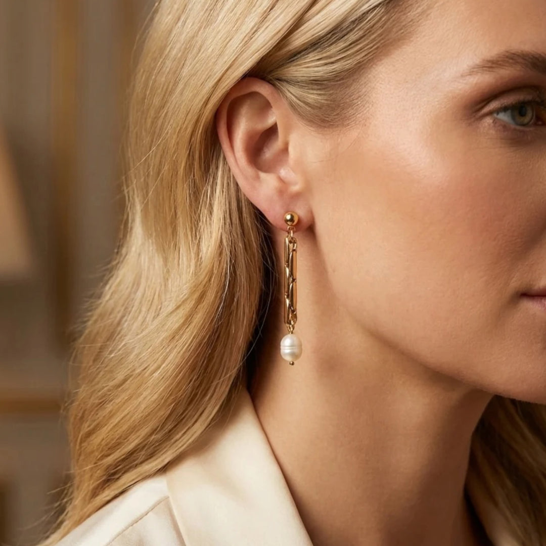 Envy Gold Chain Link Earring with Pearl Dropper