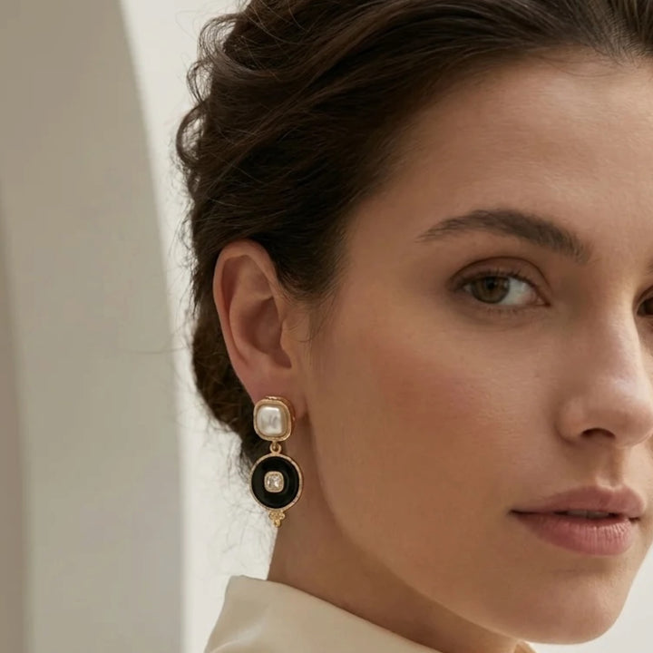 Envy Gold Dropper Earring with Black Disc