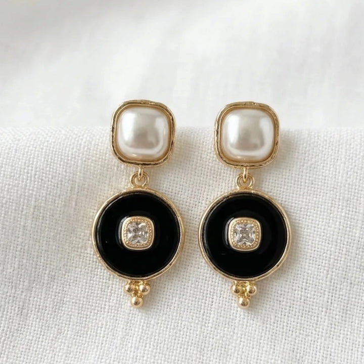 Envy Gold Dropper Earring with Black Disc