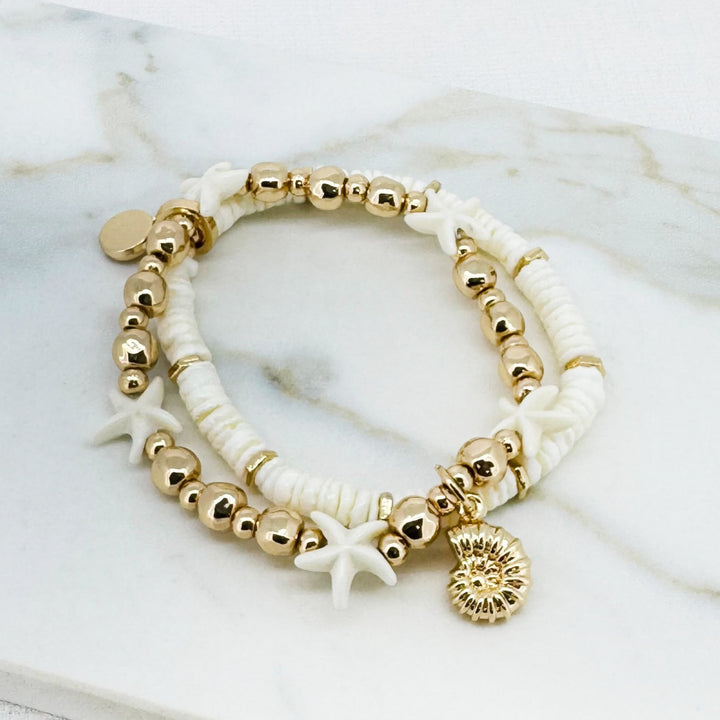 Envy Gold and White Beaded Stretch Bracelet