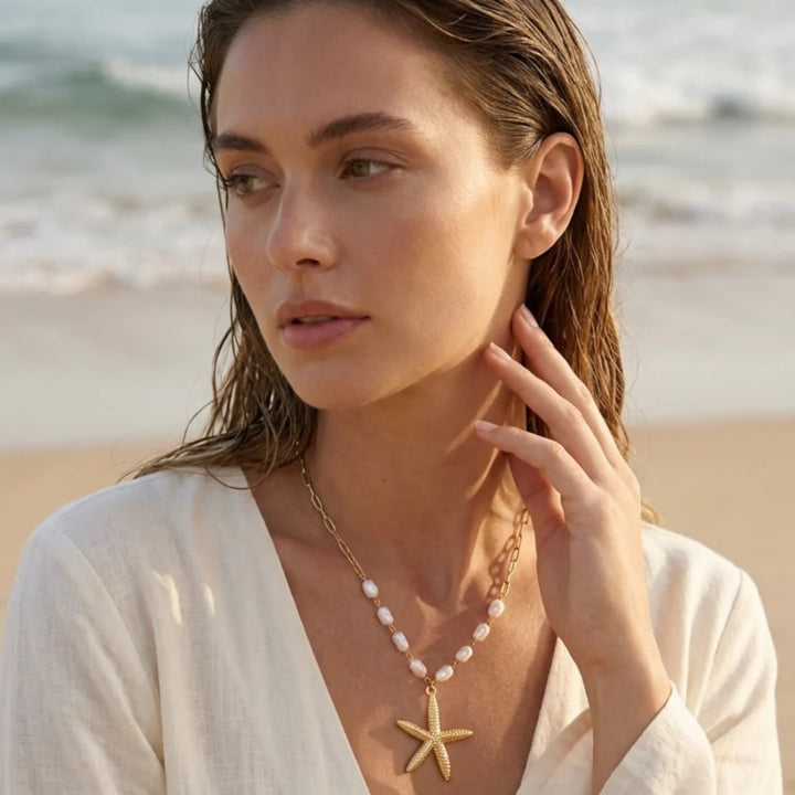 Envy Paperclip Chain Necklace with Pearls and Starfish