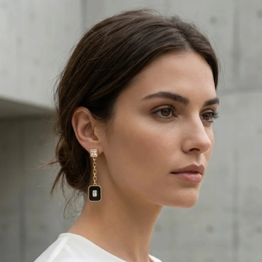 Envy Square Stud Earring with Black Dropper Charm