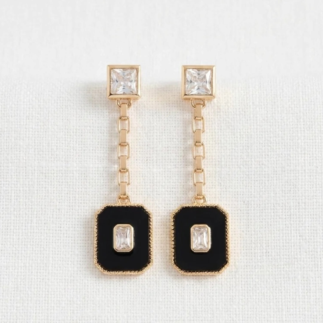Envy Square Stud Earring with Black Dropper Charm