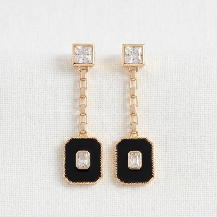 Envy Square Stud Earring with Black Dropper Charm