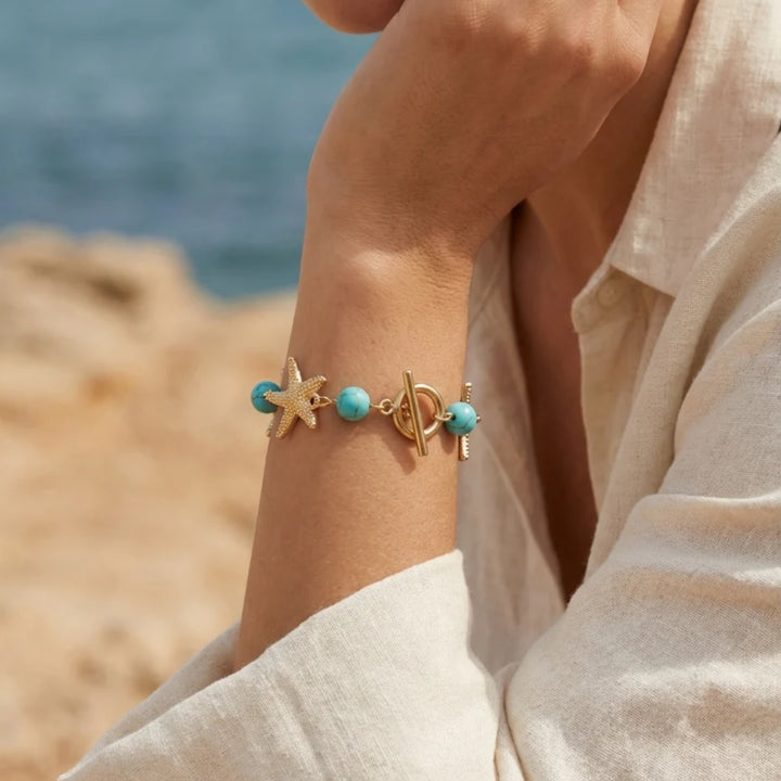 Envy Turquoise Bead and Gold Starfish Bracelet