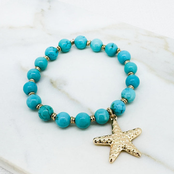 Envy Turquoise Bead Stretch Bracelet with Starfish Charm