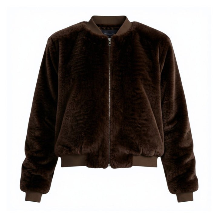 A dark brown faux fur bomber jacket with a front zipper, ribbed collar, cuffs, and hem, shown against a plain white background.