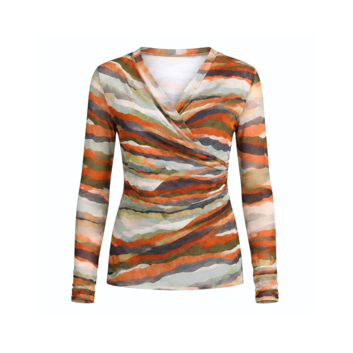 A women's long-sleeve wrap-style top with a V-neck, featuring an abstract watercolor stripe pattern in orange, brown, beige, gray, and muted blue tones, shown on a plain white background.