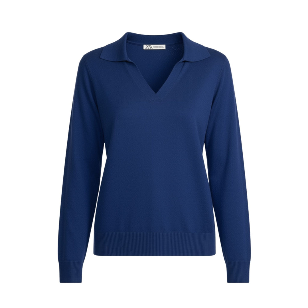 A royal blue long-sleeve knit sweater with a V-neck collar, displayed on a clean white background.
