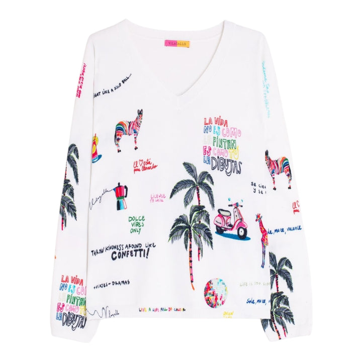 Vilagallo Quirky Print Sweater White