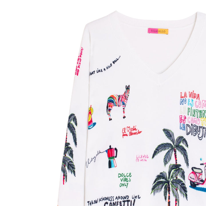 Vilagallo Quirky Print Sweater White