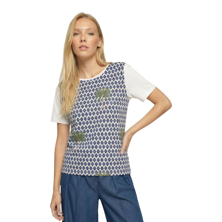 Vilagallo Palm Print T-Shirt Ikat Palms Blue & Green