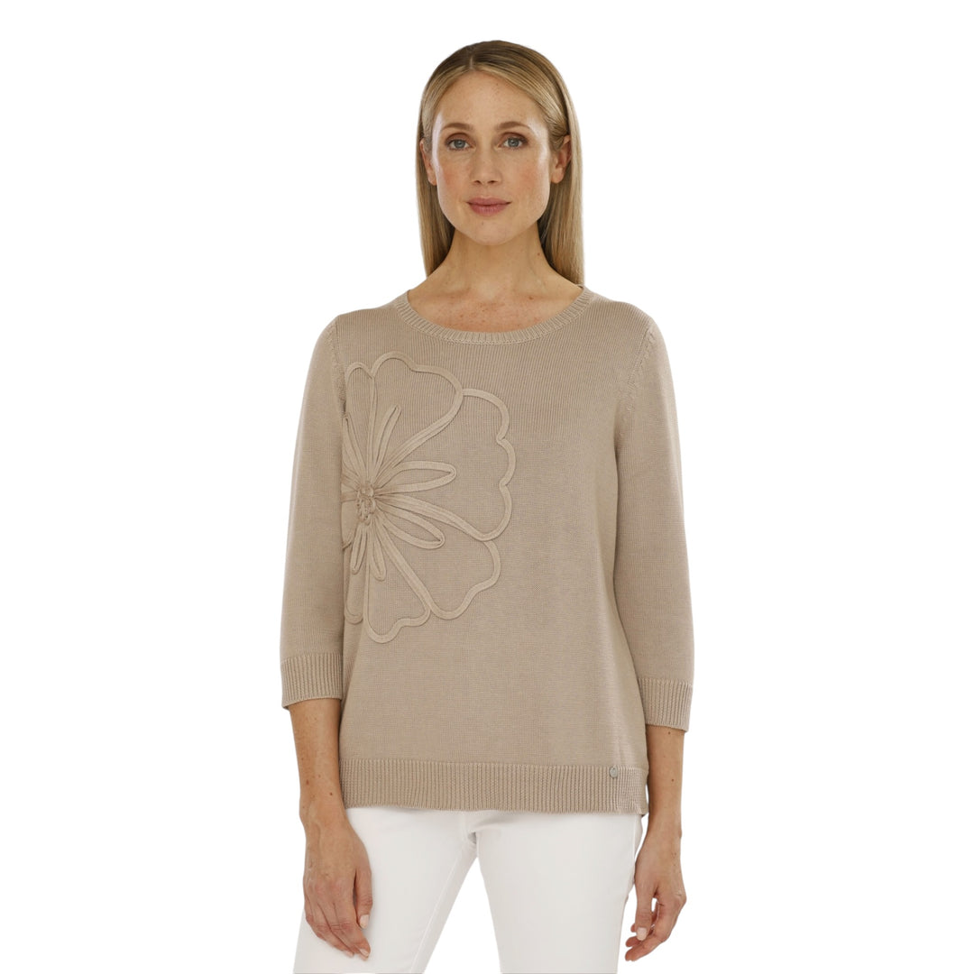 Gollehaug 3/4 Sleeve Sweater with Flower Toffee