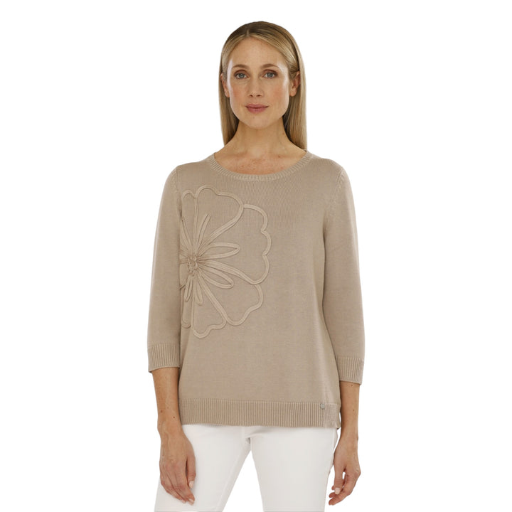 Gollehaug 3/4 Sleeve Sweater with Flower Toffee