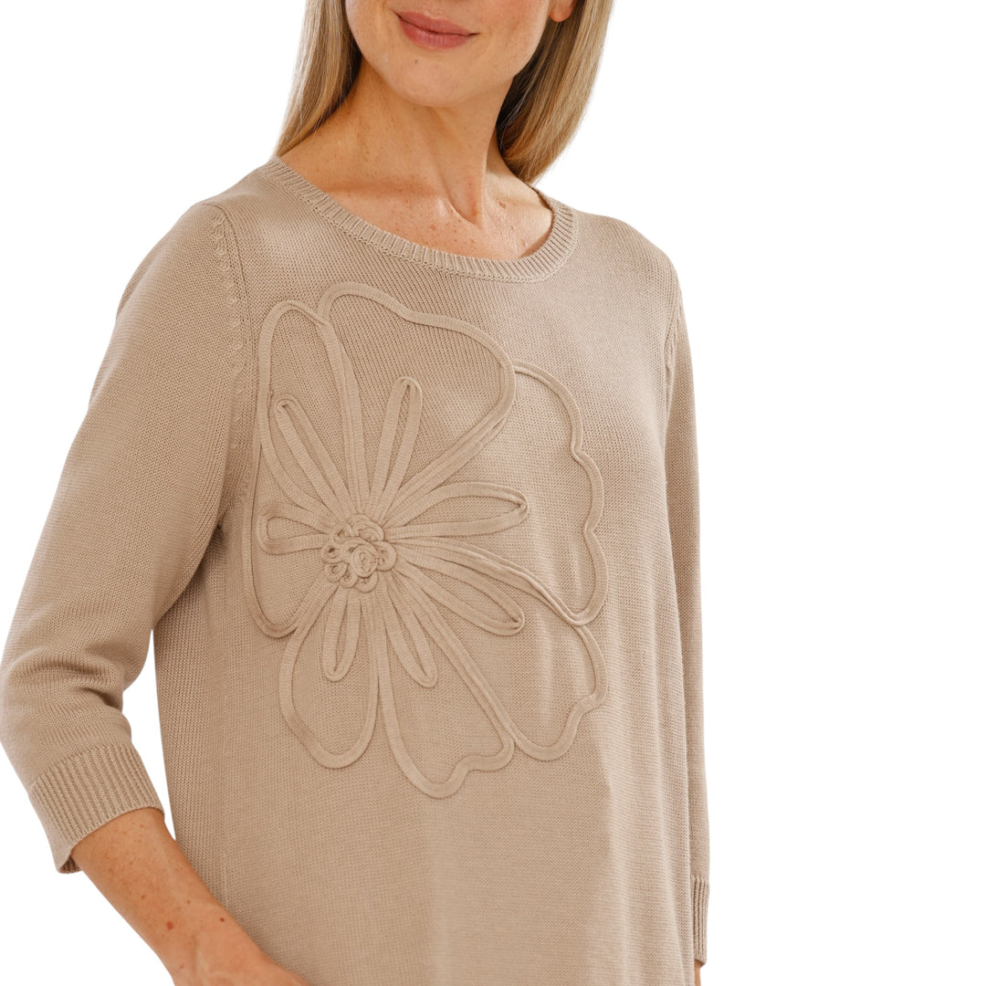 Gollehaug 3/4 Sleeve Sweater with Flower Toffee