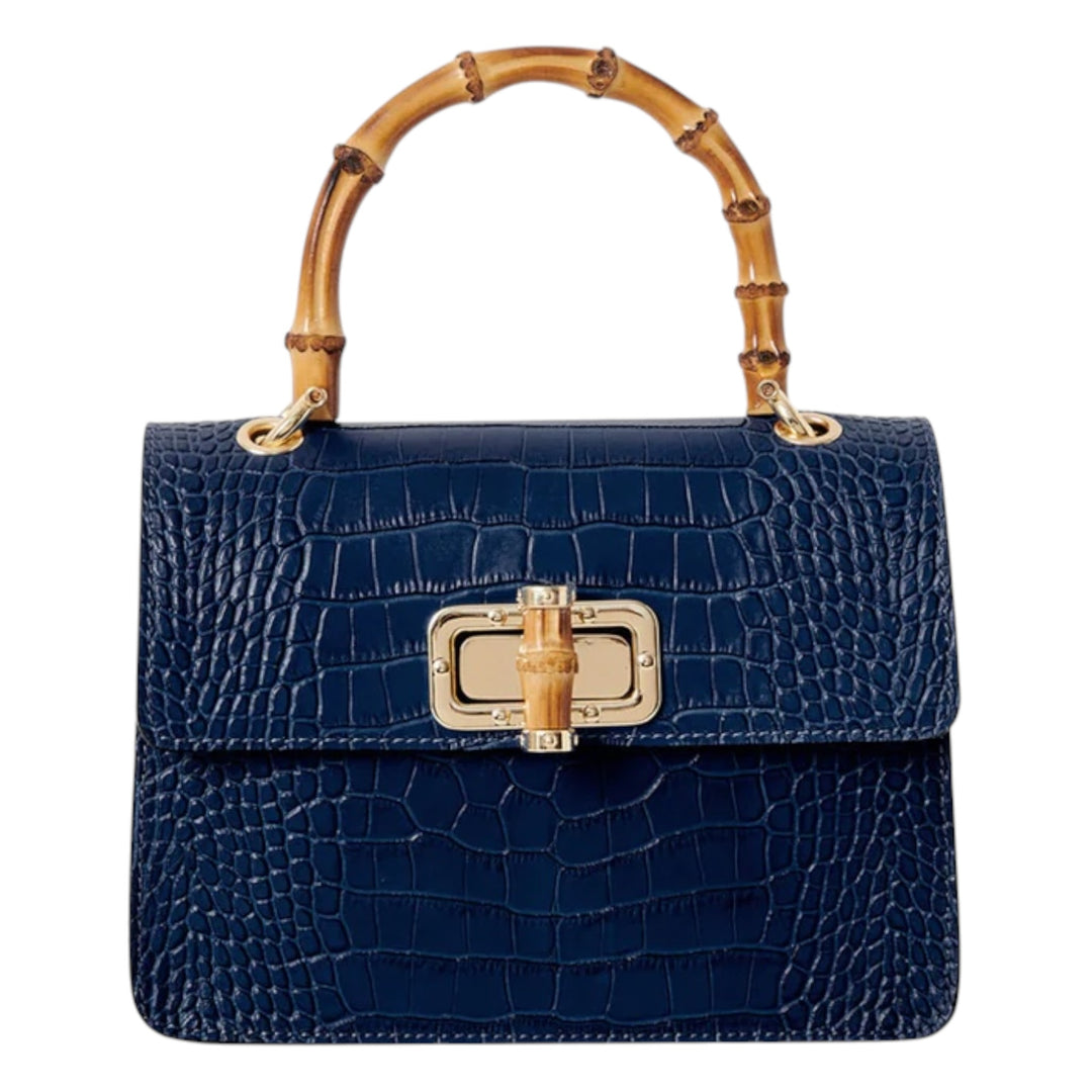 Leather Croc Embossed Square Mini Bag with Bamboo Handle Navy