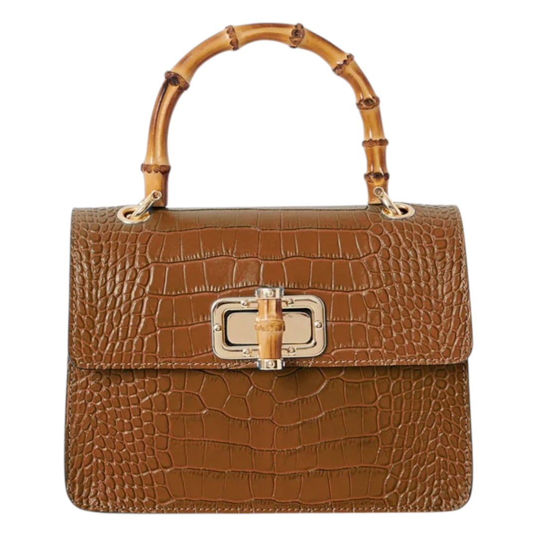 Leather Croc Embossed Square Mini Bag with Bamboo Handle Dark Tan